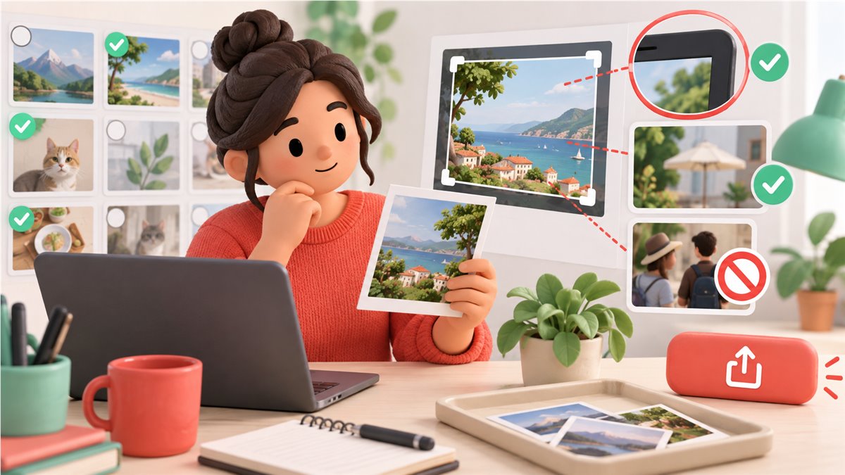 三条用户选择必要照片并检查截图边缘和背景信息的示意图