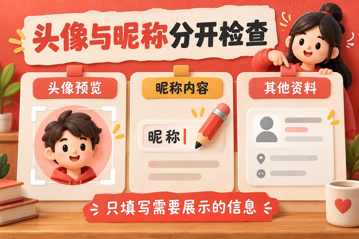 三条头像、昵称及其他资料的分别检查示意