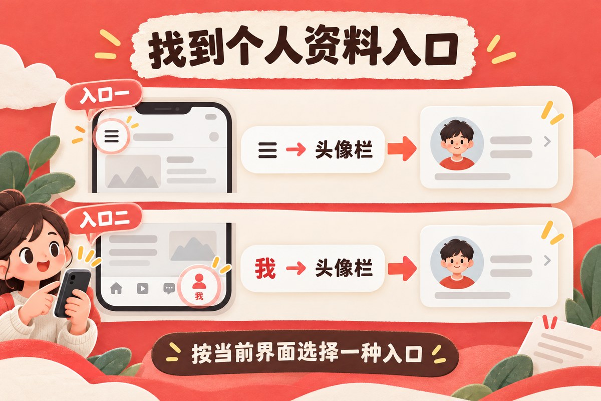 三条个人资料两种入口示意：右上角菜单或我，再进入头像栏