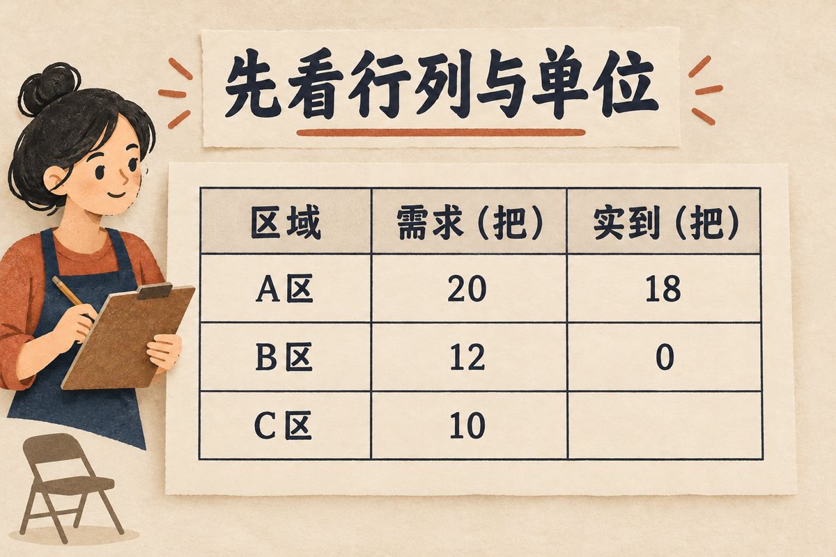虚构表格:A区需求20把实到18把,B区需求12把实到0,C区需求10把实到空白