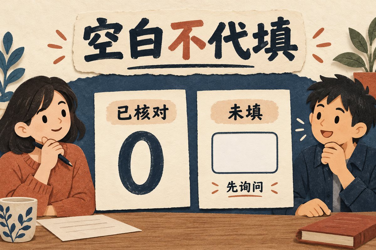 已核对的零与未填的空白格分开呈现,空白旁提示先询问的示意