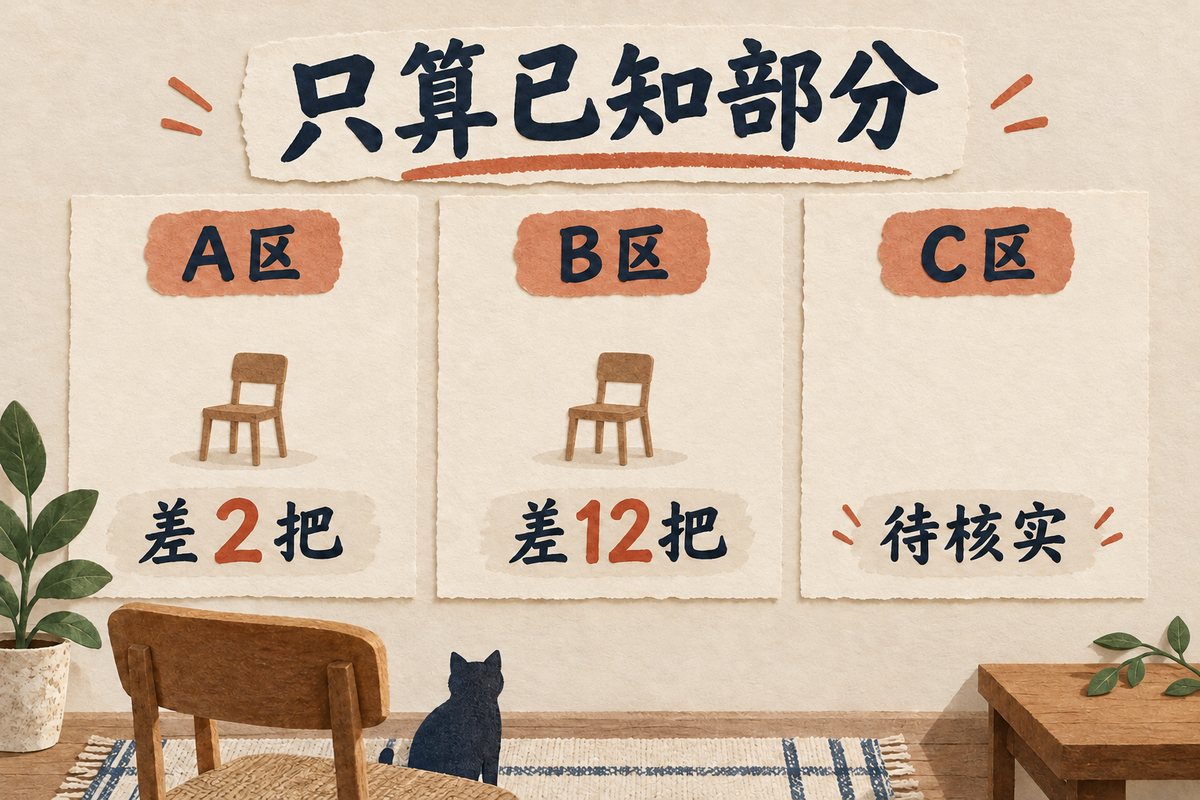 A区差2把、B区差12把、C区待核实三张结论卡片的示意