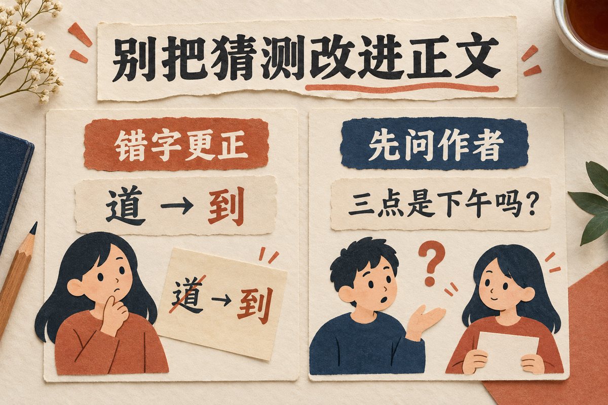 左侧是道改到的错字建议，右侧是询问三点是否下午的待确认问题