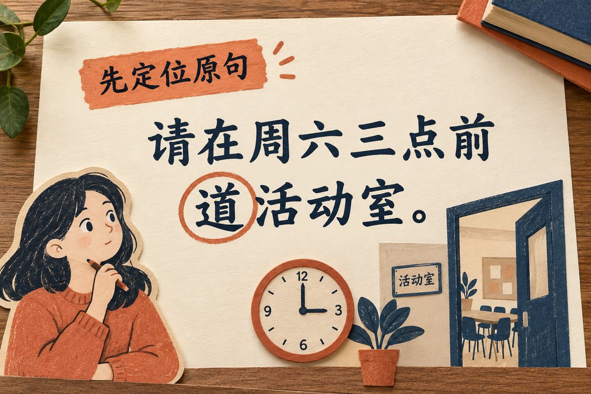 原句请在周六三点前道活动室中的错字道被圈出，用于说明先定位再修改