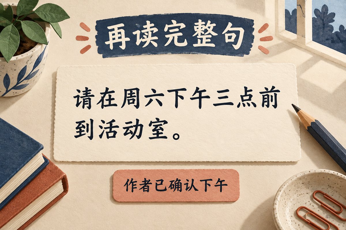 作者已确认下午后，原句改为请在周六下午三点前到活动室的示意