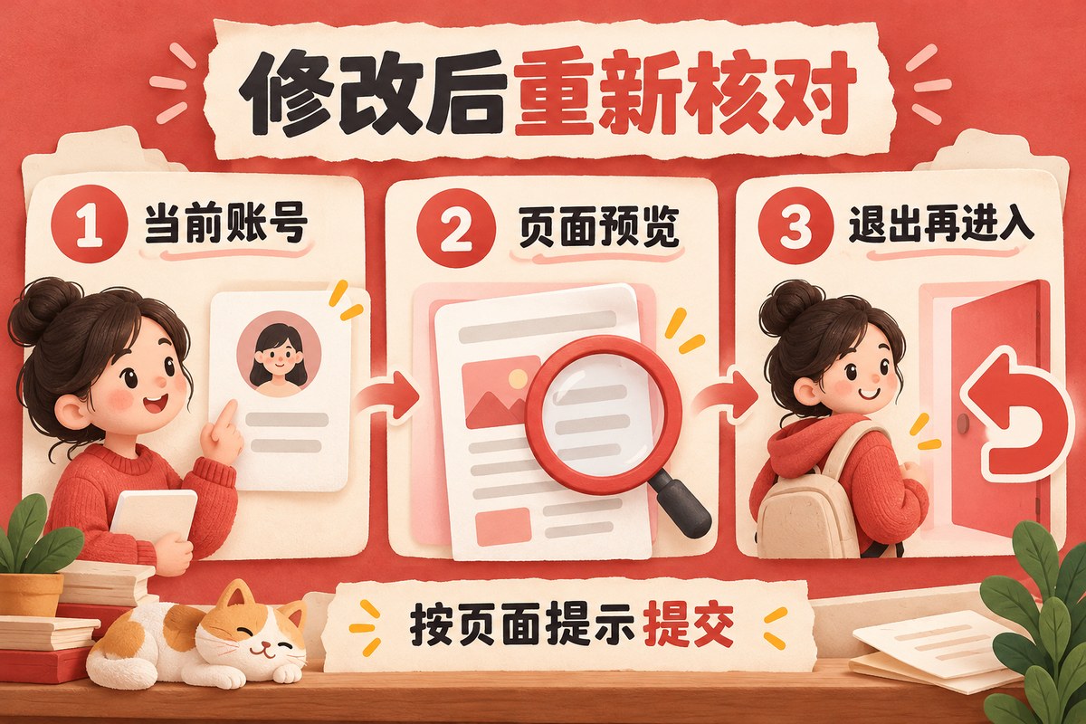 个人资料修改后的账号、预览和重新进入检查